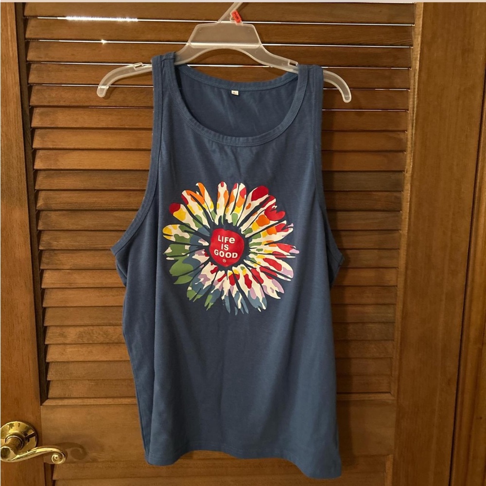 Life Is Good Blue Tank Top with Colorful Graphic